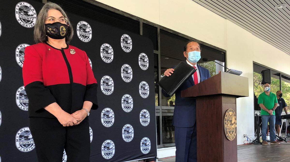 Miami-Dade Mayor Daniella Levine Cava, left, at an announcement with Housing Director Michael Liu. Her administration is holding budget meetings in February to get early public feedback ahead of the release of her 2022 spending proposal this summer.