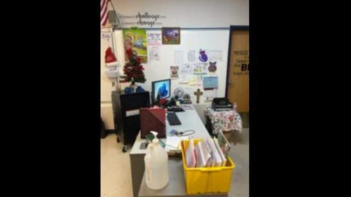 A crucifix, approximately 12-inches tall hangs on a wall adjacent to Castro’s desk, along with children’s art and a calendar. According to a lawsuit, Castro was asked to move the crucifix to a spot underneath her desk by school officials.