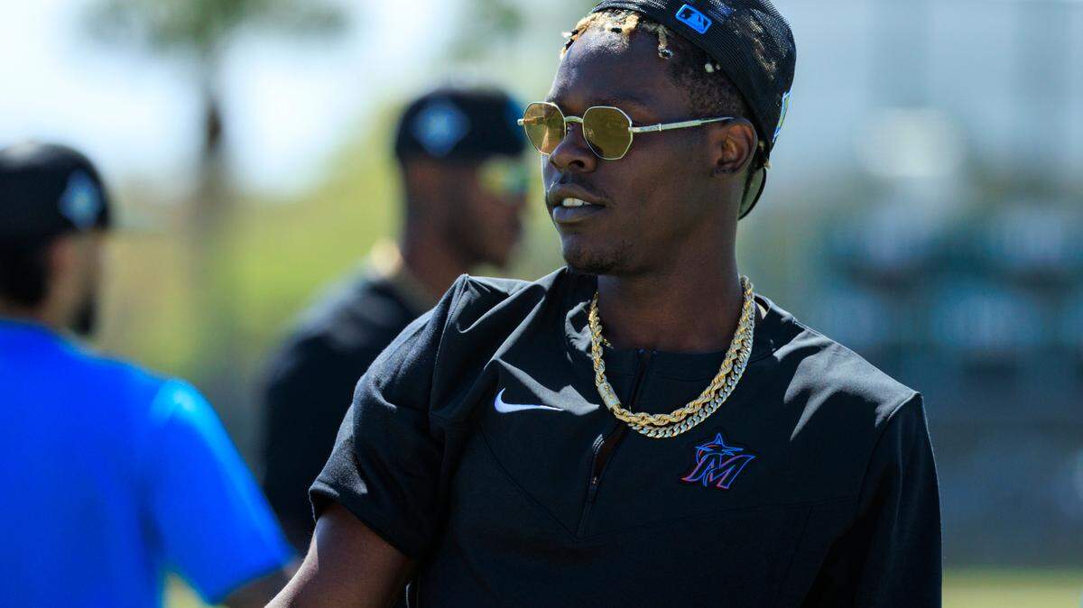 Miami Marlins second baseman Jazz Chisholm looks on during the first full-squad spring training workout at Roger Dean Stadium on Monday, March 14, 2022 in Jupiter, FL.