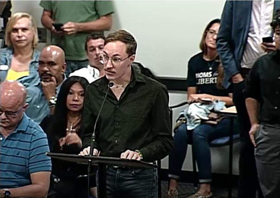 Maxx Fenning, executive director of the LGBTQ youth support Prism, speaks to the Broward School Board on Tuesday, Aug. 8, 2023. The board spent nearly four hours listening to speakers over whether the Board should adopt resolutions recognizing October as LGBTQ month and June as Pride Month. In the end, the board adopted the resolutions.