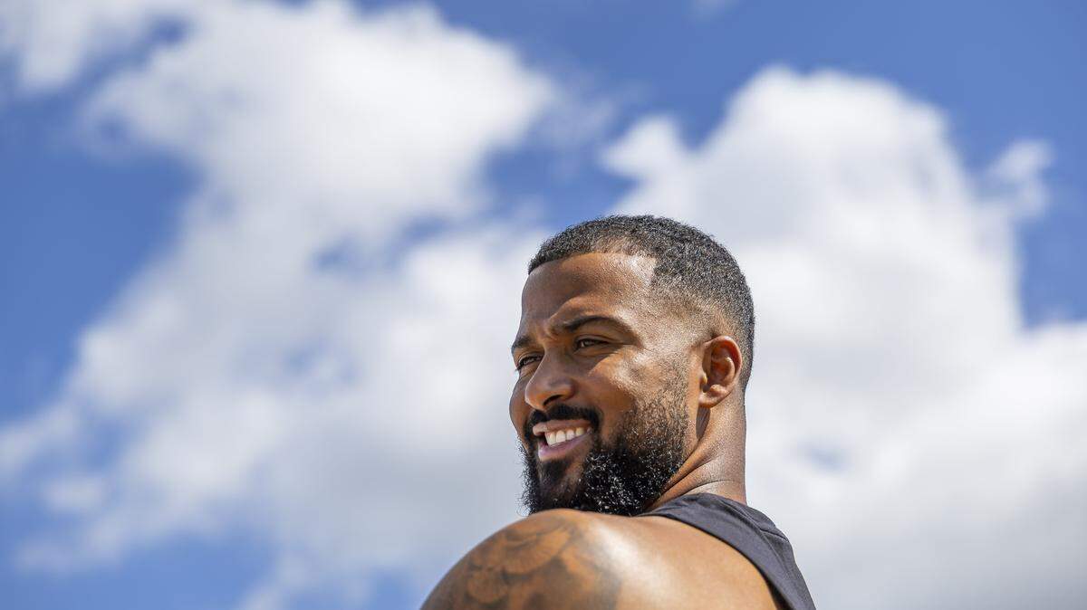 Miami Marlins pitcher Sandy Alcantara (22) reacts during the team's first full-squad spring training workout at Roger Dean Stadium on Monday, Feb. 16, 2026, in Jupiter, Fla.
