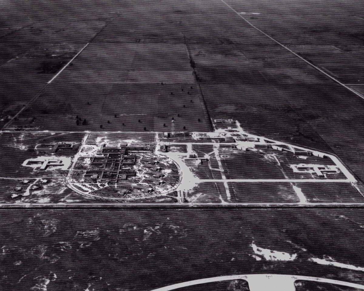 A 1959 aerial photo of Pembroke Pines shows South Florida State Hospital under construction. The photo looks west with two-lane Hollywood Boulevard in the upper right corner. Runways of North Perry airport are at the bottom of the picture.