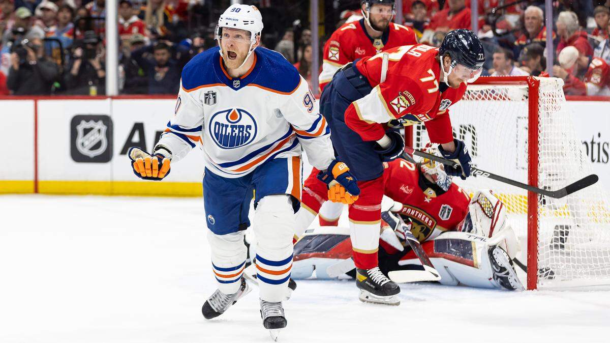 Edmonton Oilers right wing Corey Perry (90) celebrates after scoring a goal against Florida Panthers goaltender Sergei Bobrovsky (72) in the second period of Game 5 of the NHL Stanley Cup Final at the Amerant Bank Arena on Tuesday, June 18, 2024, in Sunrise, Fla.