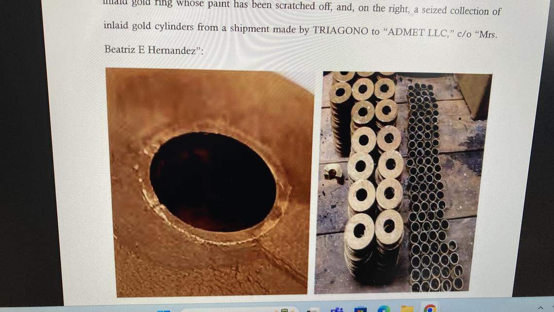 A Miami-Dade businesswoman and two family members have been charged with smuggling gold into Miami and selling it for millions before sending the money back to Colombia. They are accused of packing the gold into cylinders, right, that were wedged into a metal component, left.