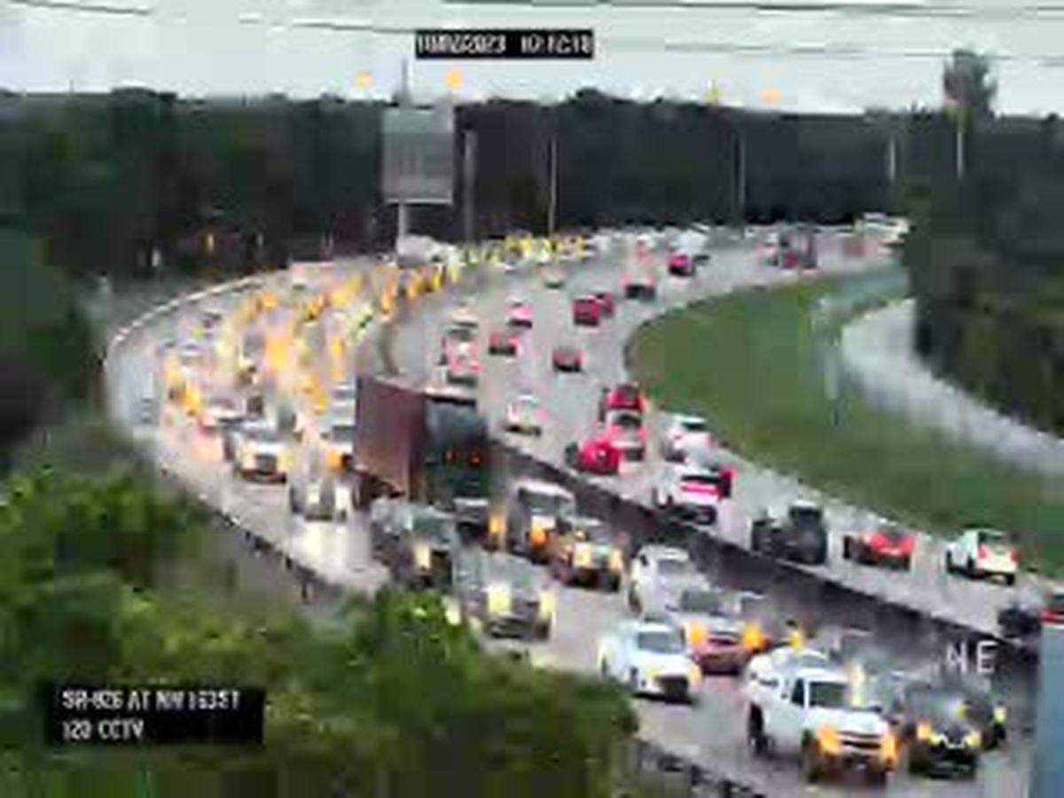 Monday morning Palmetto Expressway traffic backed up to big curve, as westbound lanes turn southbound, even earlier than usual from a crash down near Northwest 74th Street.
