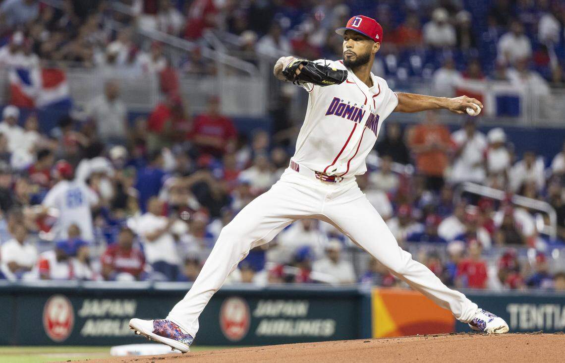 Dominican Republic pitcher Cristopher Sánchez (61) pitches against Korea in the first inning of their World Baseball Classic quarterfinal game at loanDepot park on Friday, March 13, 2026, in Miami, Fla.