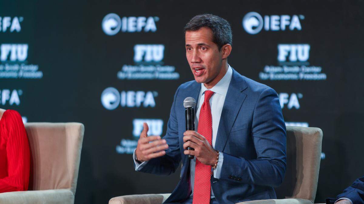 Venezuelan opposition leader Juan Guaidó at the World Strategic Forum in Miami, on November 7, 2023.
