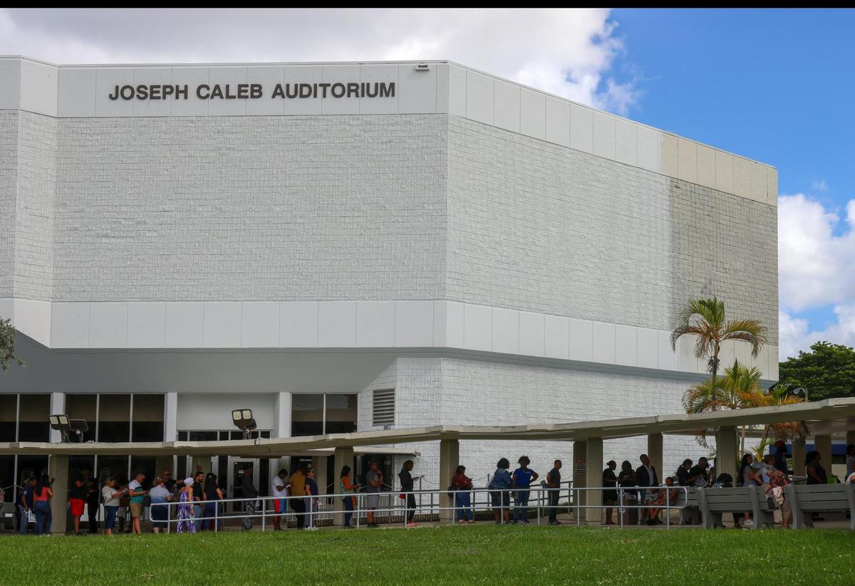 Voters lined up at the Joseph Caleb Center, waiting in line for about 50 minutes to vote on Sunday, Nov. 3, 2024.