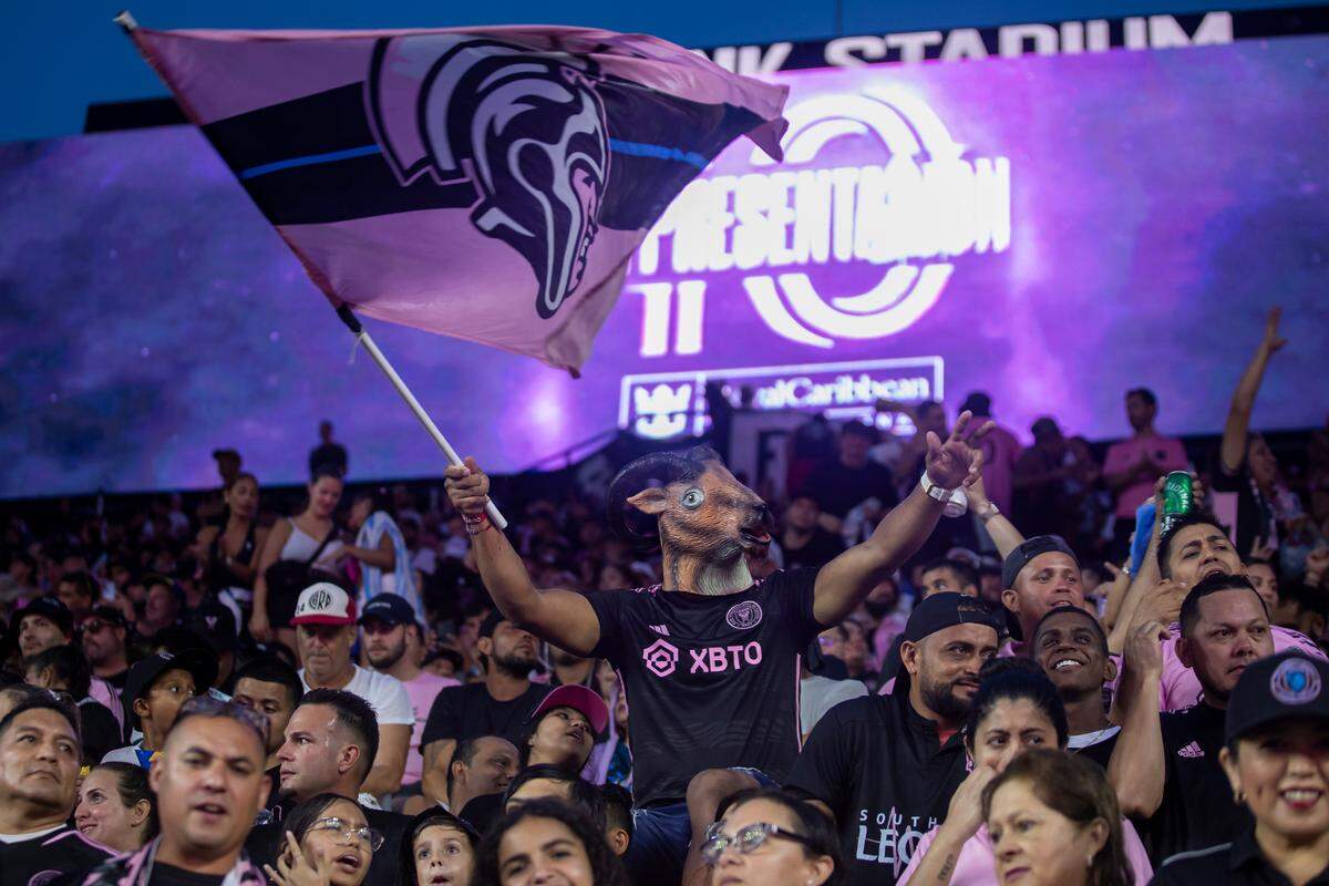Fans cheer before the start of Inter Miami’s The Unveil event at DRV PNK Stadium on Sunday, July 16, 2023, in Fort Lauderdale, Fla. The event was held to officially welcome Argentine forward Lionel Messi (10) and Spanish midfielder Sergio Busquets (5) to the team.