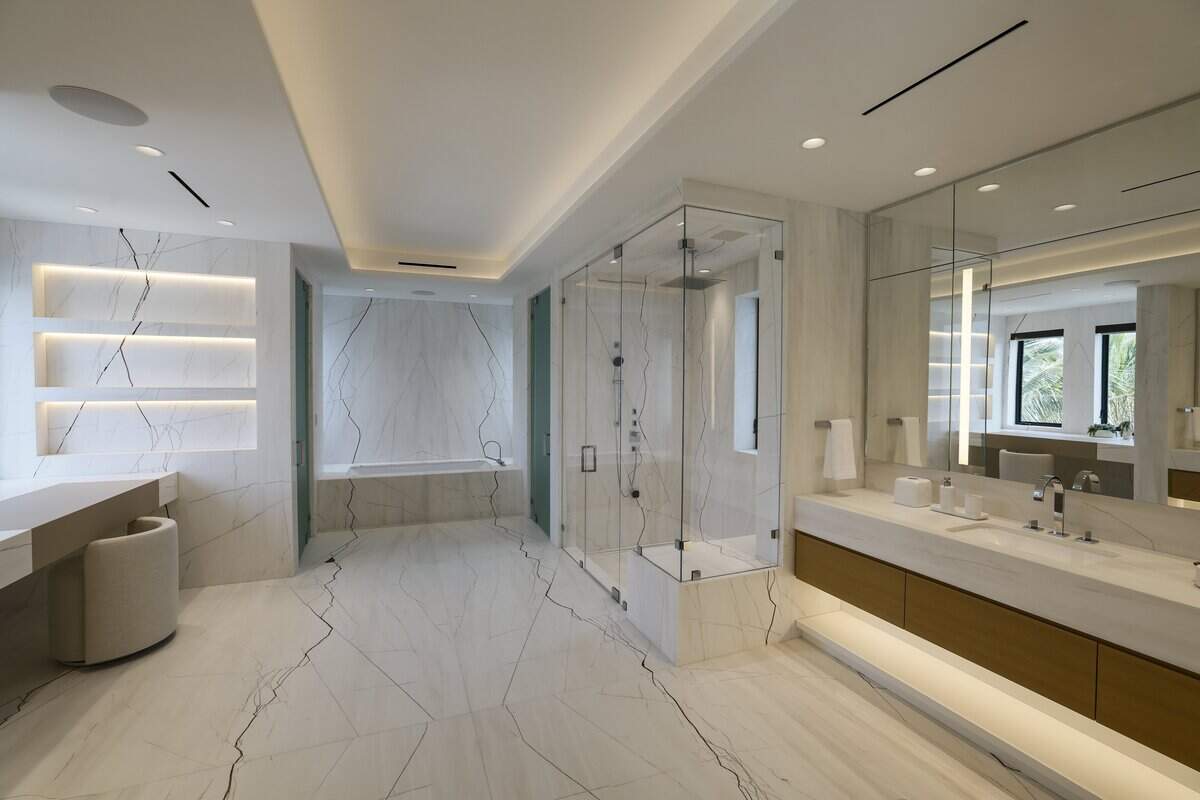 The master bath inside The Mansions, an exclusive 2.5-acre enclave of newly built, freestanding mansions on Fisher Island on Miami Beach, Florida, on Wednesday, June 10, 2026.