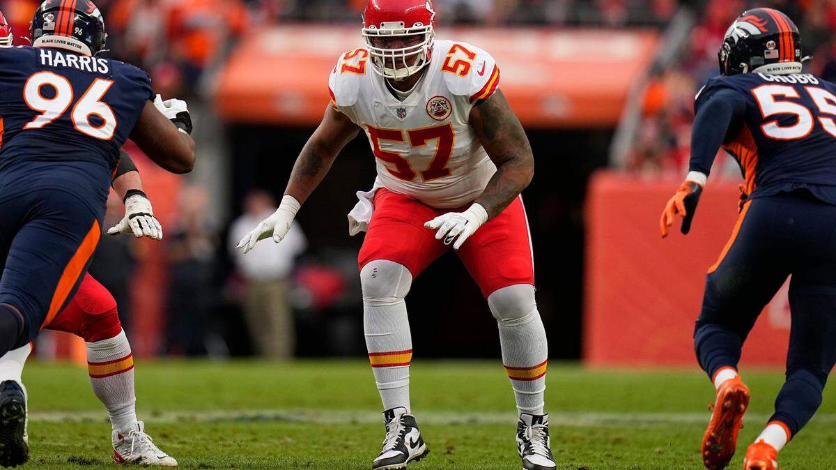Kansas City Chiefs offensive tackle Orlando Brown (57) plays against the Denver Broncos during an NFL football game Saturday, Jan. 8, 2022, in Denver. (AP Photo/Jack Dempsey)