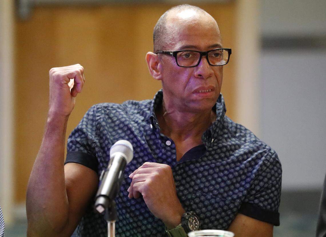 Esteban Barrios, an airport ramp worker with Eulen America, speaks during a round table discussion on hazardous conditions at Miami International Airport, with Reps. Donna Shalala, and Frederica Wilson, D-Fla., Wednesday, April 24, 2019, in Miami. Workers spoke about inhumane, dangerous working conditions, broken-down airport vehicles and roach infestations they must work with.