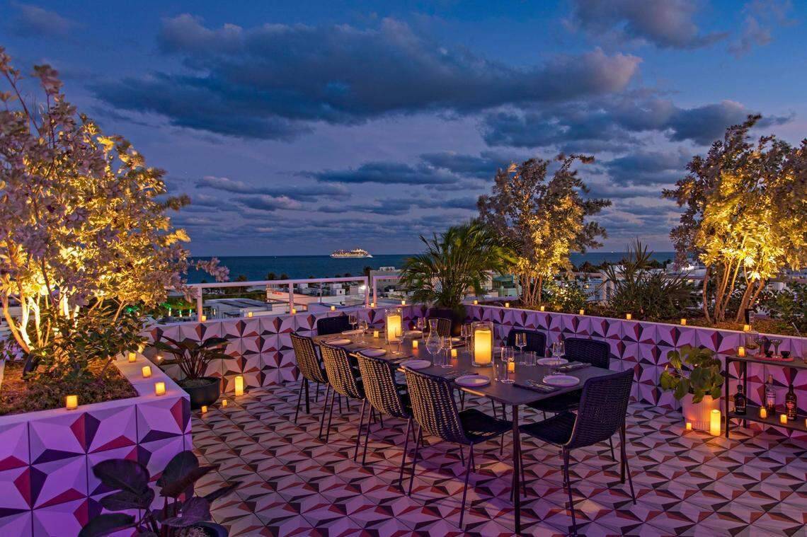 A table at The Upside at the rooftop Moxy South Beach.