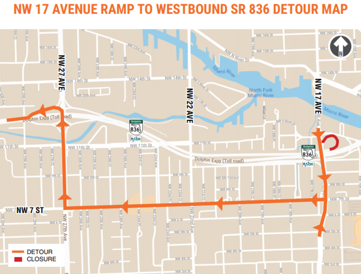 Detour route for drivers going southbound on Northwest 17th Avenue.
