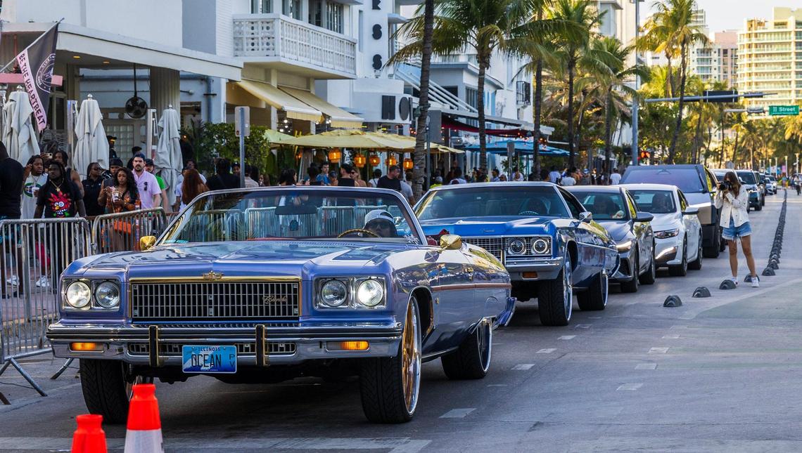 Vintage cars seen on Ocean Drive, during spring break, in Miami Beach, Florida. on Saturday March 22, 2025.