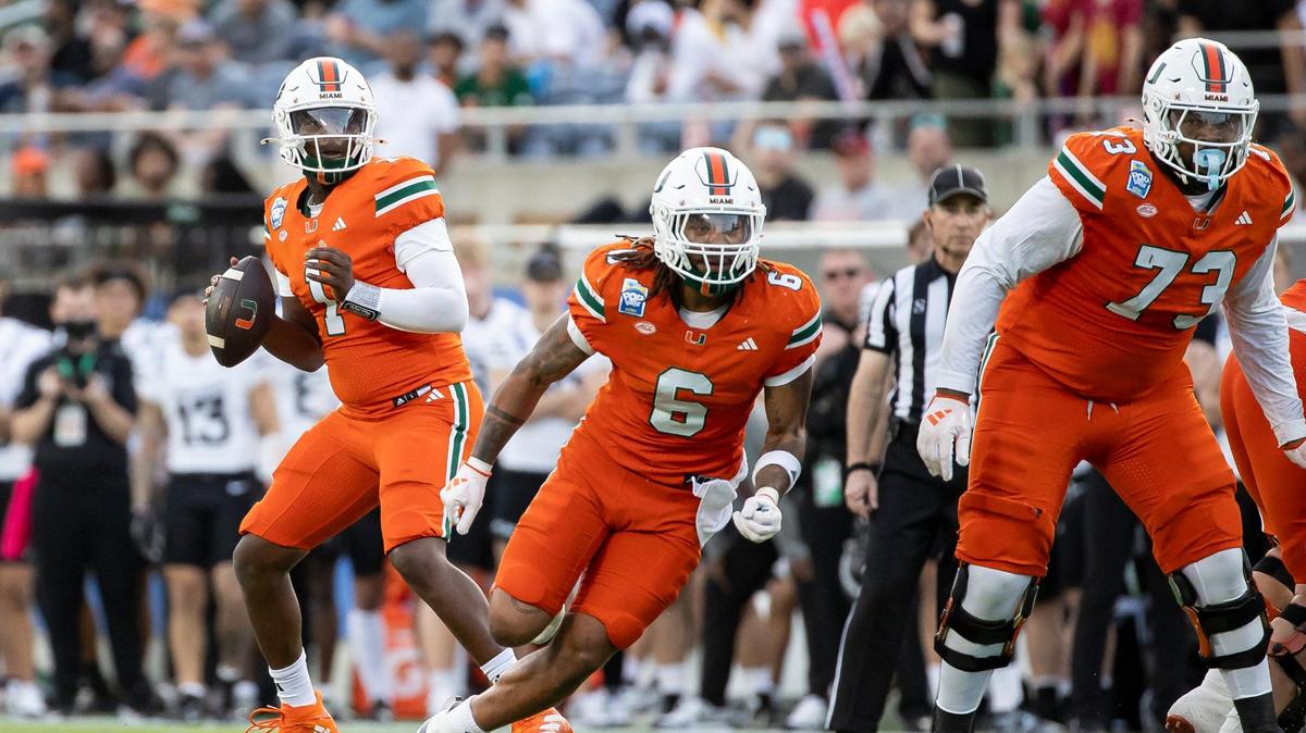 Miami Hurricanes quarterback Cam Ward (1) looks to pass the ball against the Iowa State Cyclones in the first half of their Pop-Tarts Bowl football game at the Camping World Stadium on Saturday, Dec. 28, 2024, in Orlando, Fla.