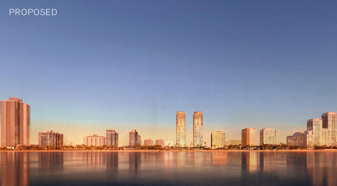 A rendering shows a proposed project at the former Deauville Beach Resort site that would include two condo towers and a hotel.