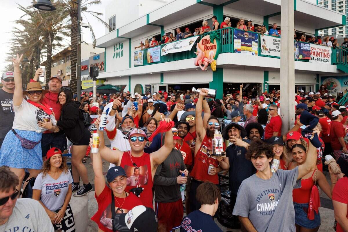Florida Panthers fans gather at Elbo Room, a known bar that the team frequents, during the Florida Panthers Stanley Cup Championship victory parade