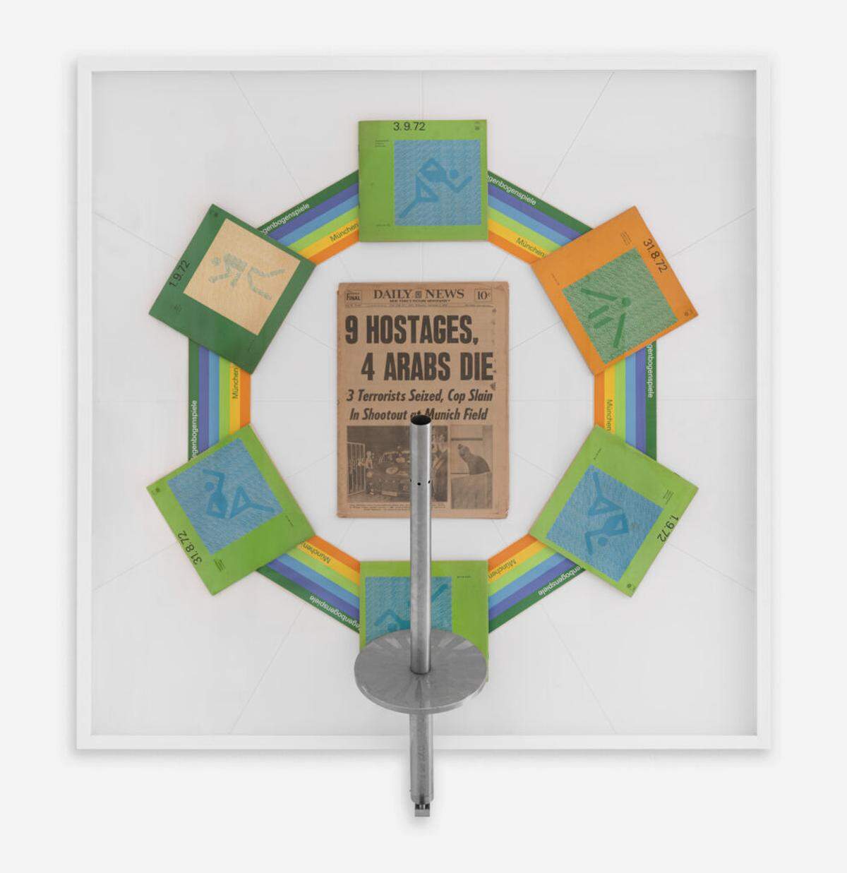 “Untitled (’72 Munich Olympics)”, 2023, acquired objects and graphite, features ephemera from the games, an original Olympic torch, and a copy of the front page of the New York Daily News.