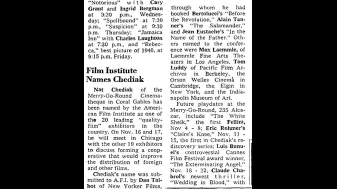 In this Nov. 4, 1974, clipping from the Miami Herald, Nat Chediak is named by the American Film Institute as one of the 20 leading “quality film” exhibitors in the United States.