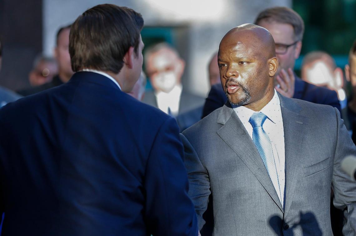 Florida Gov. Ron DeSantis, left, designated former Coral Springs Sgt. Gregory Tony as BSO sheriff to replace Scott Israel on Friday, Jan. 11, 2019.