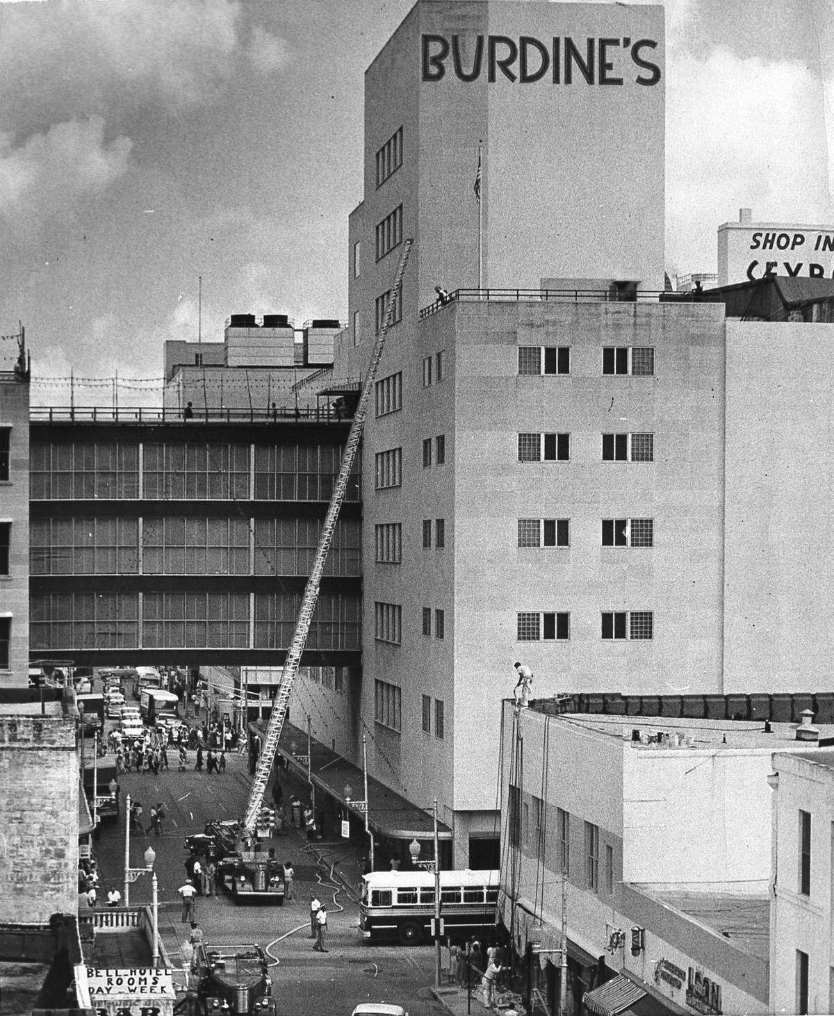 Fire on roof at Burdines in 1958.