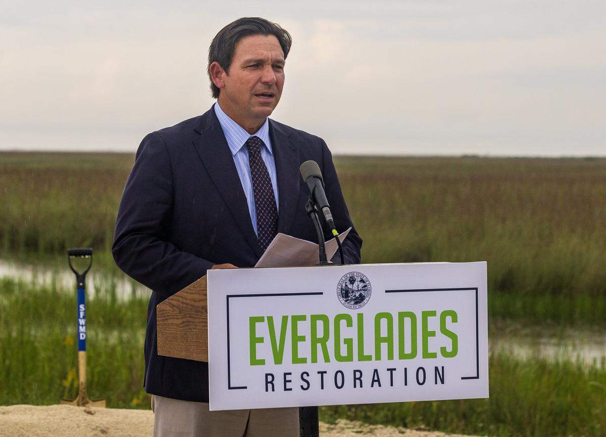 Florida Governor Ron DeSantis condemned the shooting of conservative influencer Charlie Kirk during a Wednesday press conference in Miami-Dade County, where he also announced an accelerated cleanup initiative and the groundbreaking of the Blue Shanty Flow Way at the S-356 Pump Station on Tamiami Road, September 10, 2025.