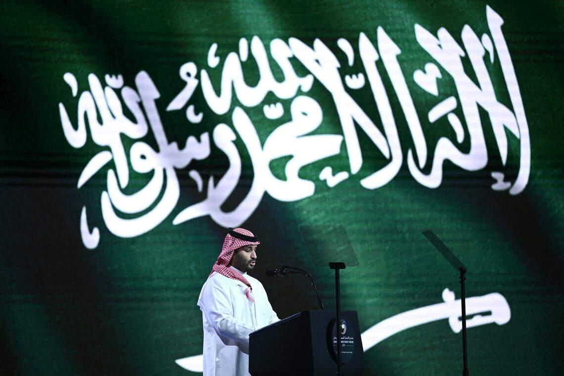 Saudi Crown Prince Mohammed bin Salman speaks during the Saudi-US investment forum at the King Abdul Aziz International Conference Center in Riyadh on May 13, 2025. (Photo by BRENDAN SMIALOWSKI/AFP via Getty Images)          