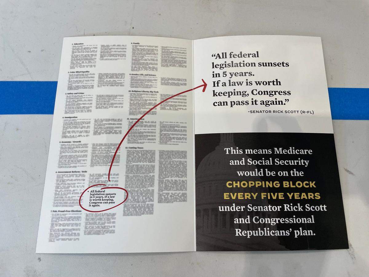 A pamphlet highlighting a portion of U.S. Sen. Rick Scott’s 12-point policy plan claiming Republicans want to cut Medicare and Social Security. It was handed out by the White House at a Hallandale Beach event with President Joe Biden on Nov. 1, 2022, a week before the midterm elections.