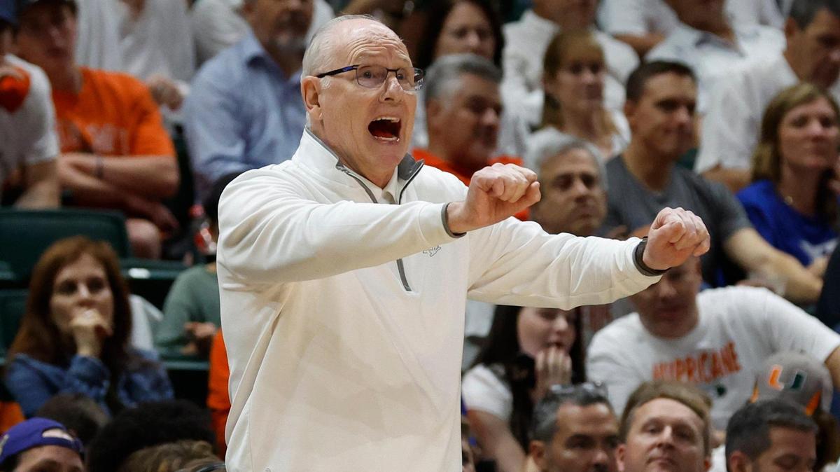 Miami Hurricanes head coach Jim Larrañaga gestures during the game against the Duke Blue Devils at the Watsco Center in Coral Gables, Florida on Monday, February 6, 2023.