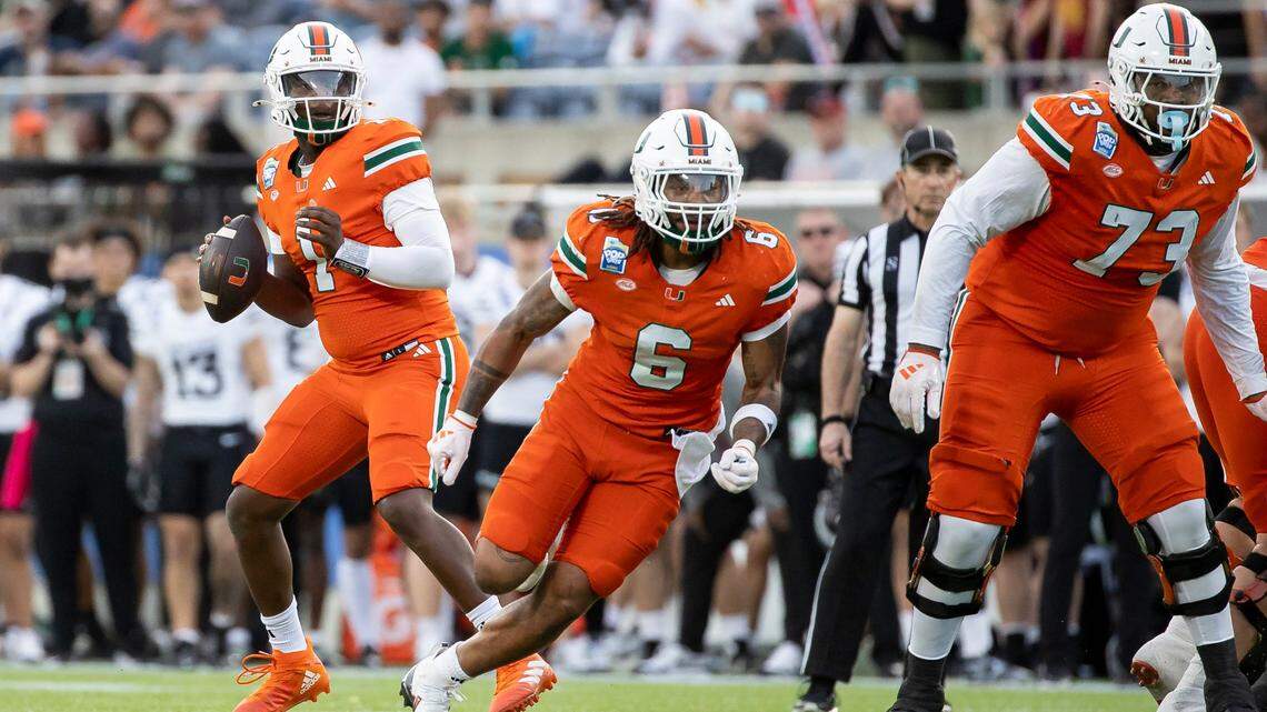 Miami Hurricanes quarterback Cam Ward (1) looks to pass the ball against the Iowa State Cyclones in the first half of their Pop-Tarts Bowl football game at the Camping World Stadium on Saturday, Dec. 28, 2024, in Orlando, Fla.