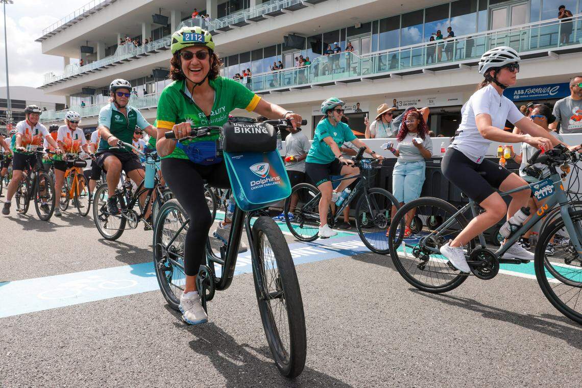 Cyclists participate in a 13-mile ride during the Dolphins Cancer Challenge XVI event at Hard Rock Stadium on Saturday, Feb. 28, 2026, in Miami Gardens, Florida.