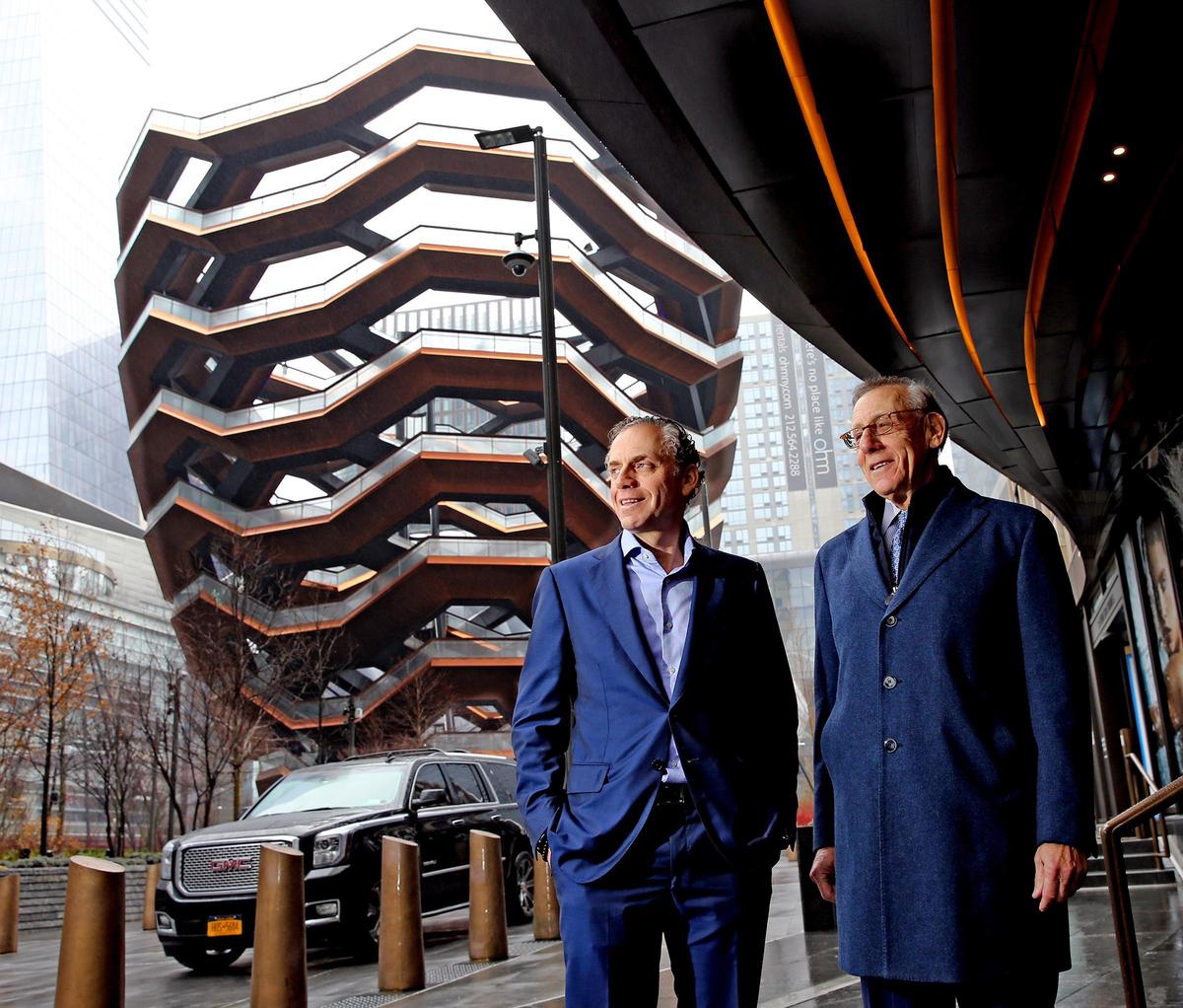Bruce Beal Jr., and Miami Dolphins owner Stephen Ross, outside the Equinox Hudson Yards Hotel in New York City on Dec. 9, 2019. Ross’ Hudson Yards development is the largest private real estate development in the United States by area. The Vessel, the neighborhood’s centerpiece, a spiral staircase, is a soaring new landmark meant to be climbed.