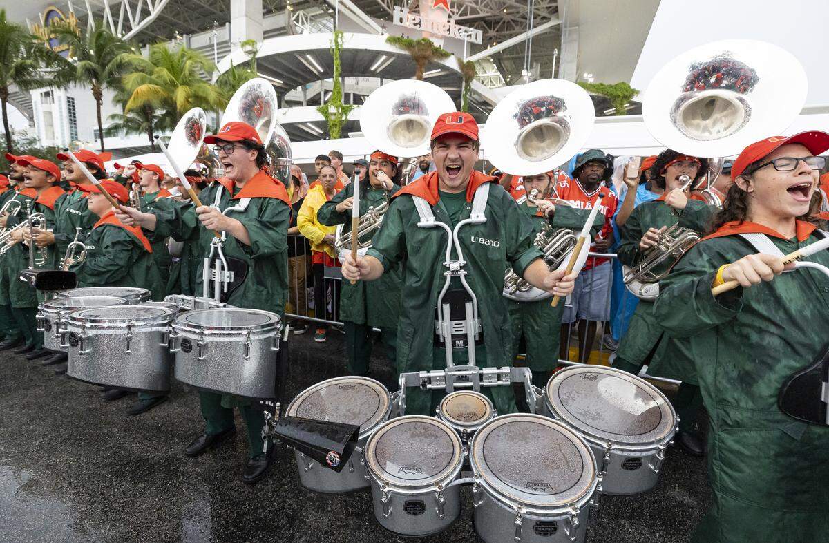 Miami Hurricanes’ Band of the Hour perform for fans before their team plays against the Notre Dame Fighting Irish during their NCAA football game at Hard Rock Stadium on Sunday, Aug. 31, 2025, in Miami Gardens, Fla.