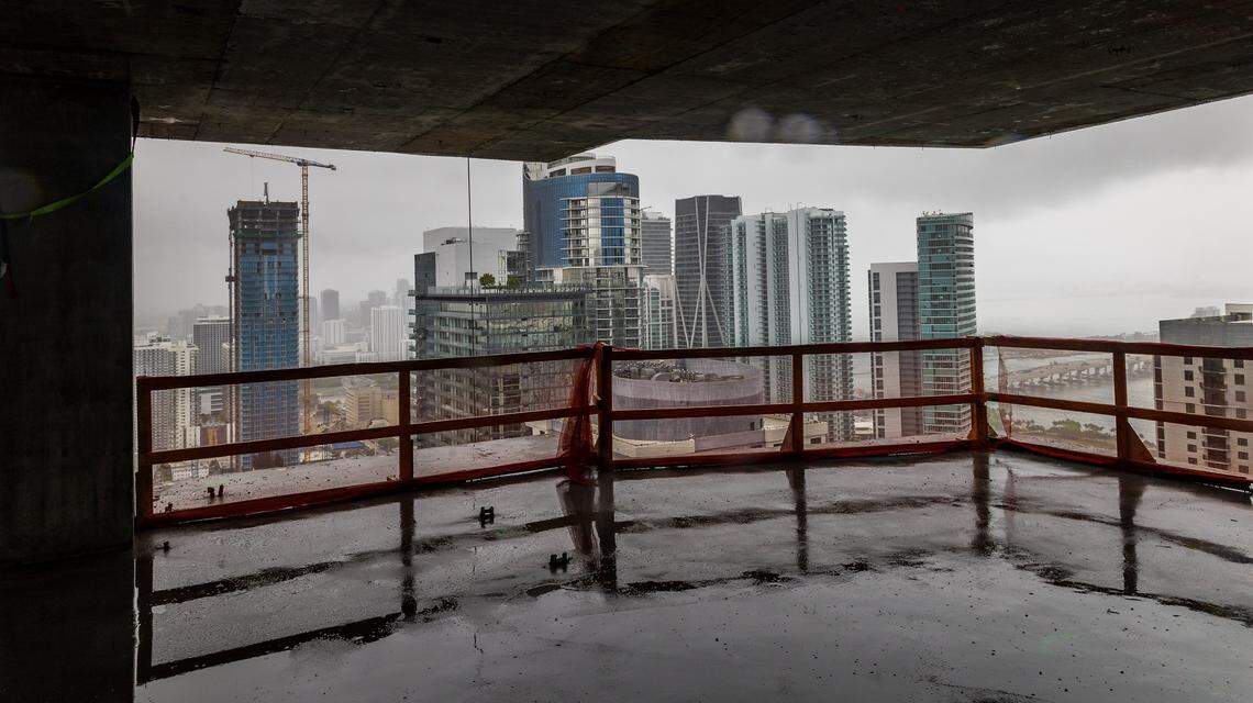 The Miami skyline from the 44th floor of the Okan Tower, a skyscraper under construction in downtown Miami. Once completed, the building will be one of the tallest in Miami at 902 feet tall.