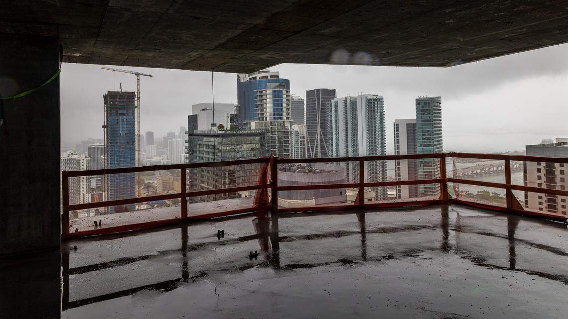 The Miami skyline from the 44th floor of the Okan Tower, a skyscraper under construction in downtown Miami. Once completed, the building will be one of the tallest in Miami at 902 feet tall.