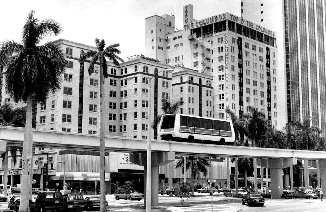 McAllister and Columbus Hotels, with Metromover in the foreground in 1987.