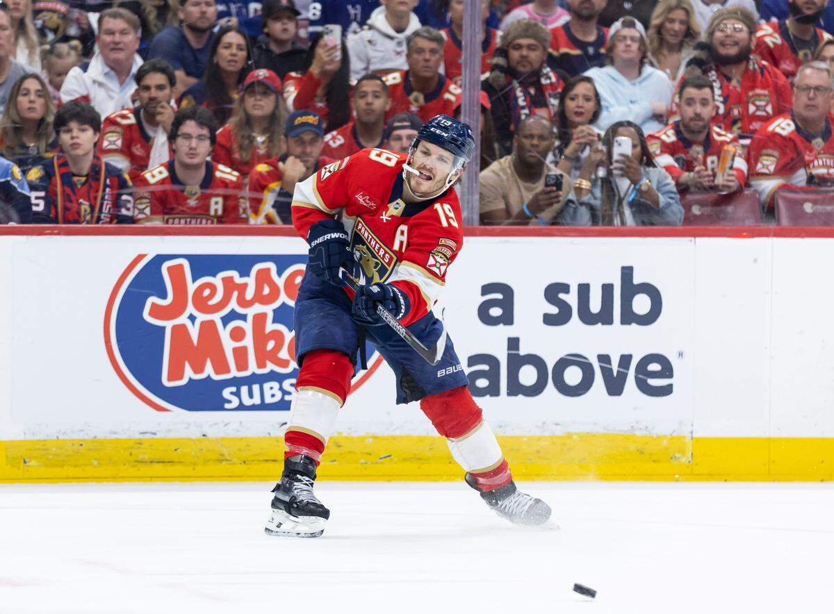 Florida Panthers left wing Matthew Tkachuk (19) passes the puck against the Toronto Maple Leafs in the first period of Game 3 of a second-round Stanley Cup playoffs series at the Amerant Bank Arena on Friday, May 9, 2025, in Sunrise, Fla.