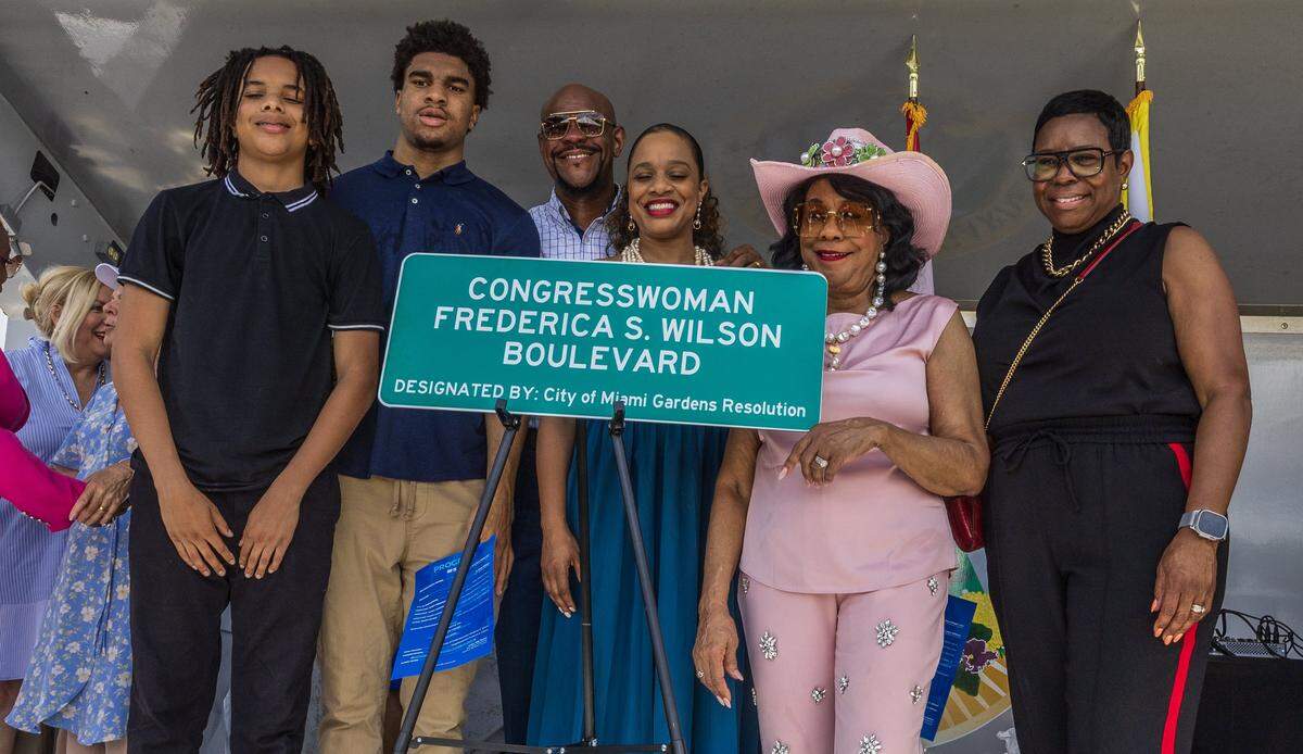 U.S. Rep. Frederica Wilson and her family posed together as she announced that she will not be seeking re-election in the midterm election, during a street naming event next to the Dr. Frederica S. Wilson/Skyway Elementary School in Miami Gardens, in recognition of her decades of service to South Florida, on Friday, May 29, 2026.