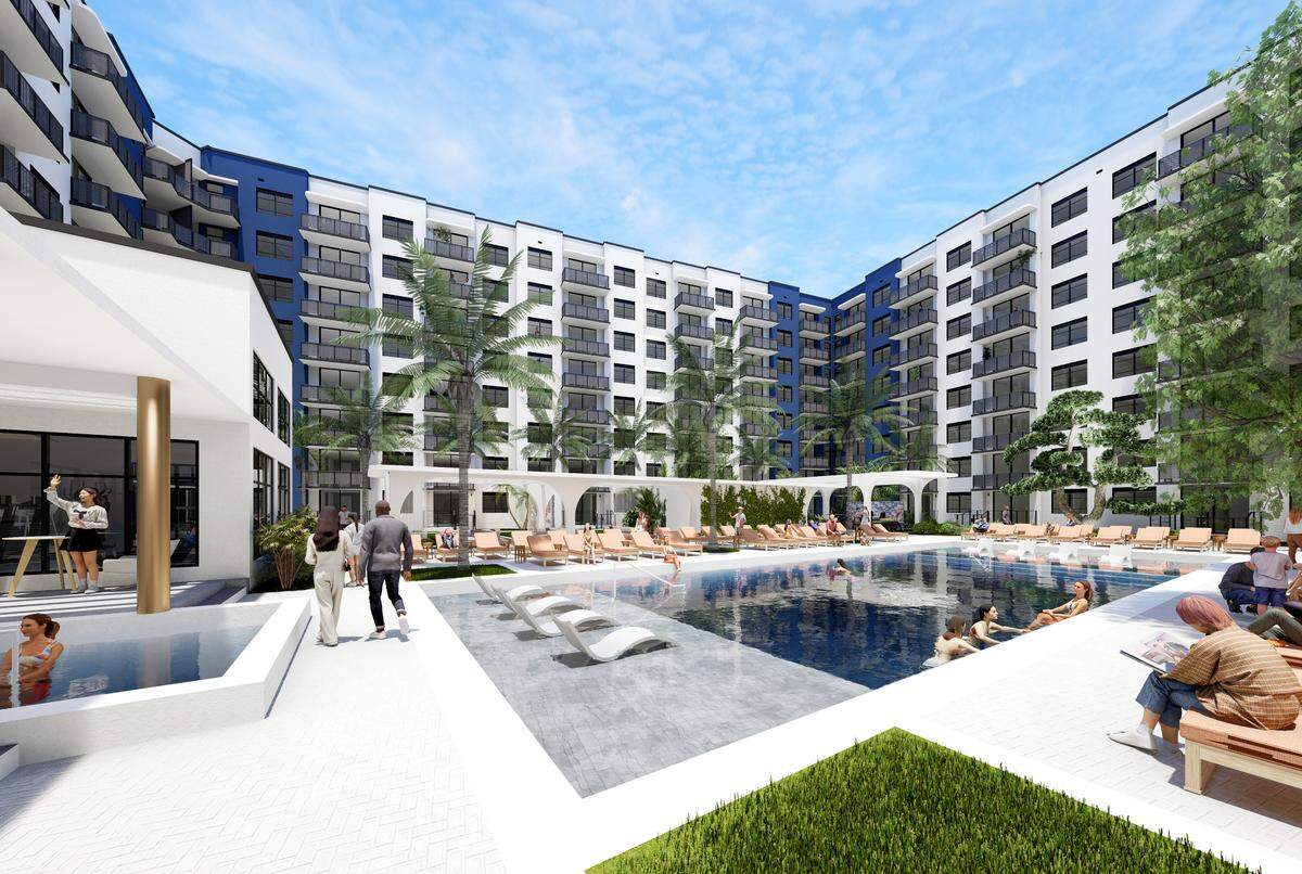 A rendering of The Era shows the building’s resort-style pool. Other amenities include a fitness center, wellness room, co-working space and dog park.
