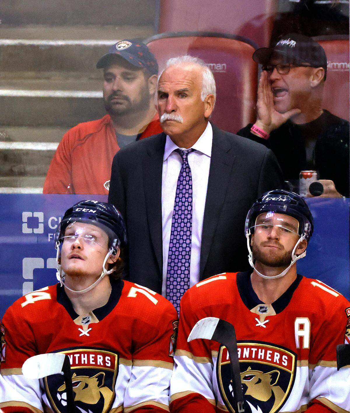 Florida Panthers head coach Joel Quenneville looks from the bench during the third period of an NHL game against the Boston Bruins at the FLA Live Arena on Wednesday, October 27, 2021 in Sunrise, Fl.