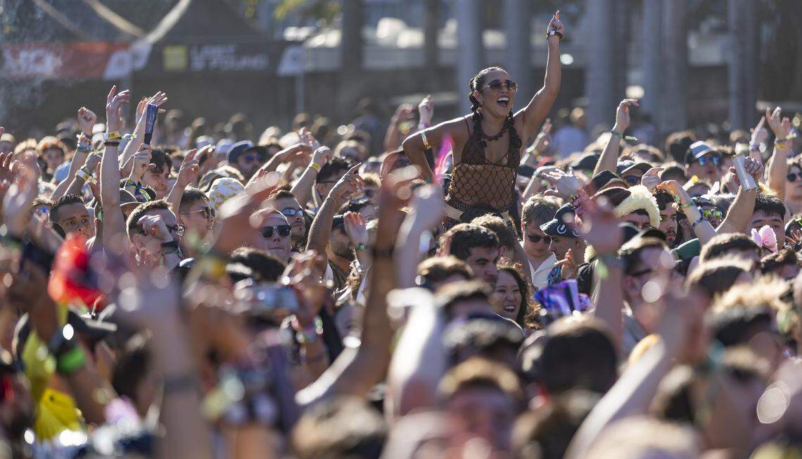 People dance and cheer as Alan Walker performs during Ultra Music Festival’s 26th anniversary at Bayfront Park on Saturday, March 28, 2026, in downtown Miami, Fla.