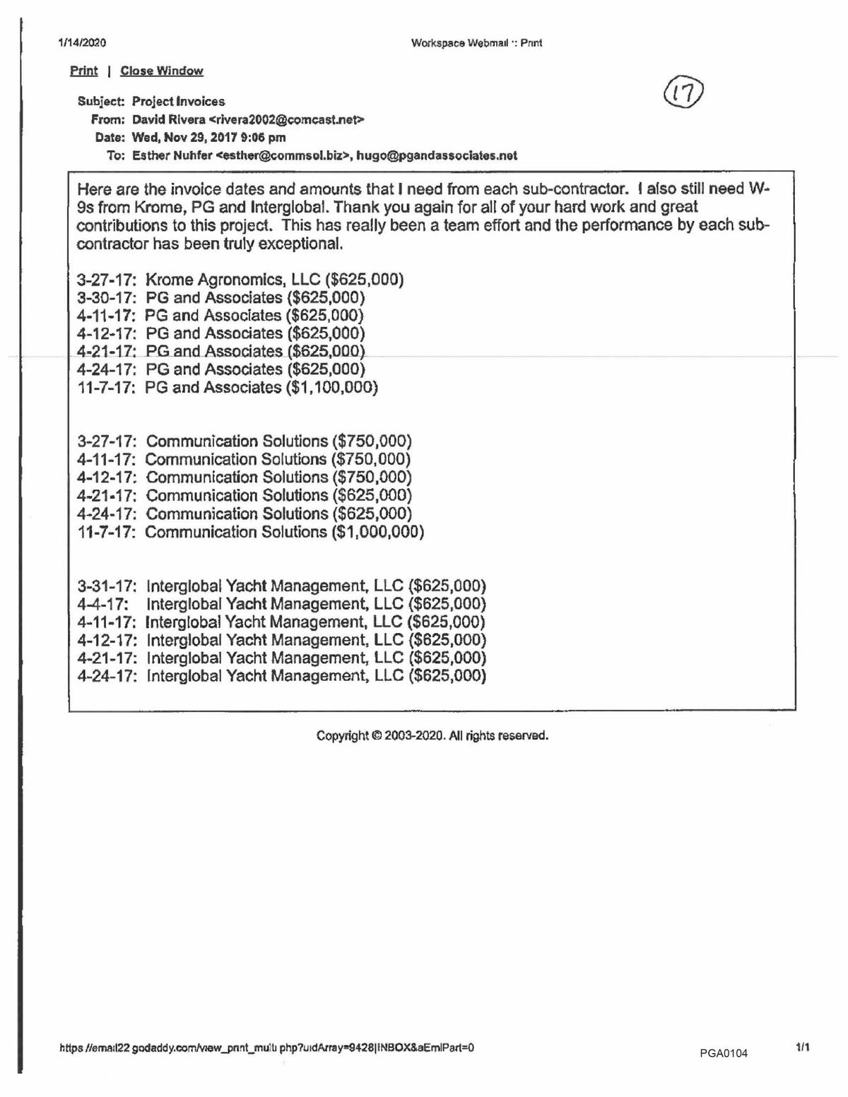 In this Nov. 29, 2017, email, former Miami Congressman David Rivera breaks down the distribution of $13 million in payments from his consulting deal with a Venezuelan oil company to a handful of subcontractors in Miami.