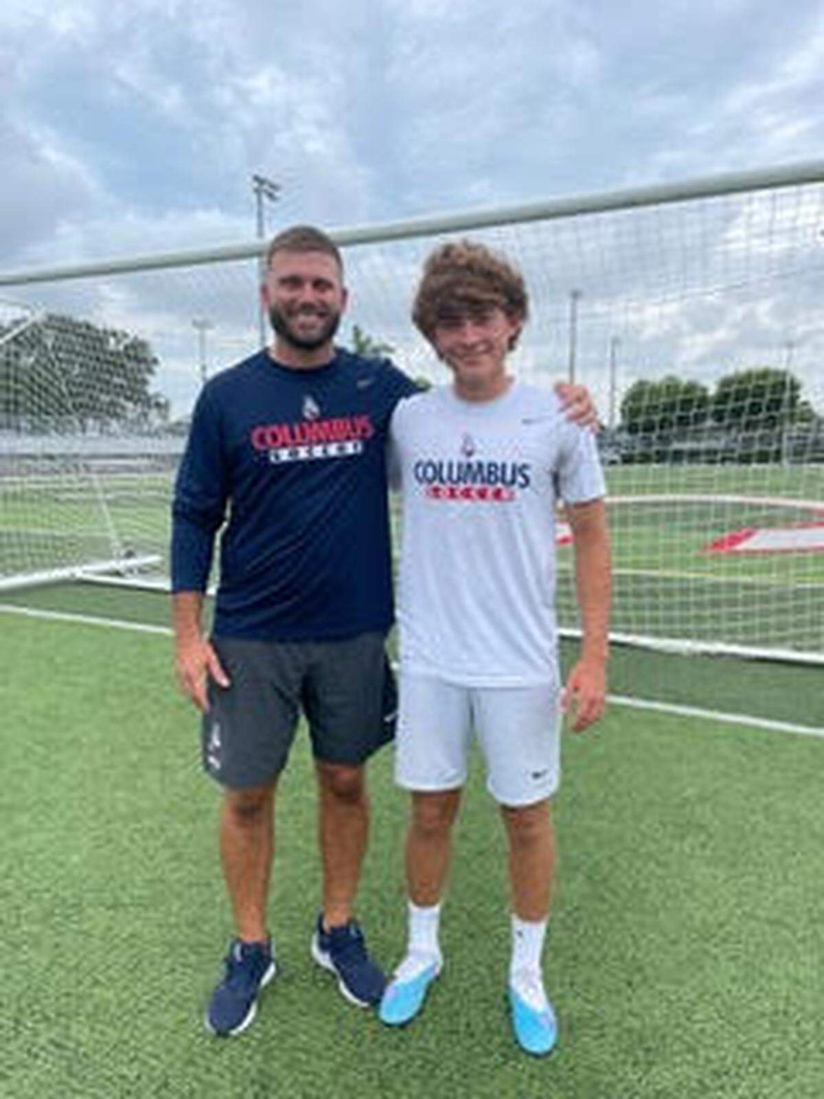 Columbus soccer standout Cristian Ortiz (right), seen here with Explorers soccer coach Kameron Clark (left) recently earned an opportunity to train and play for Inter Miami’s U19 squad.