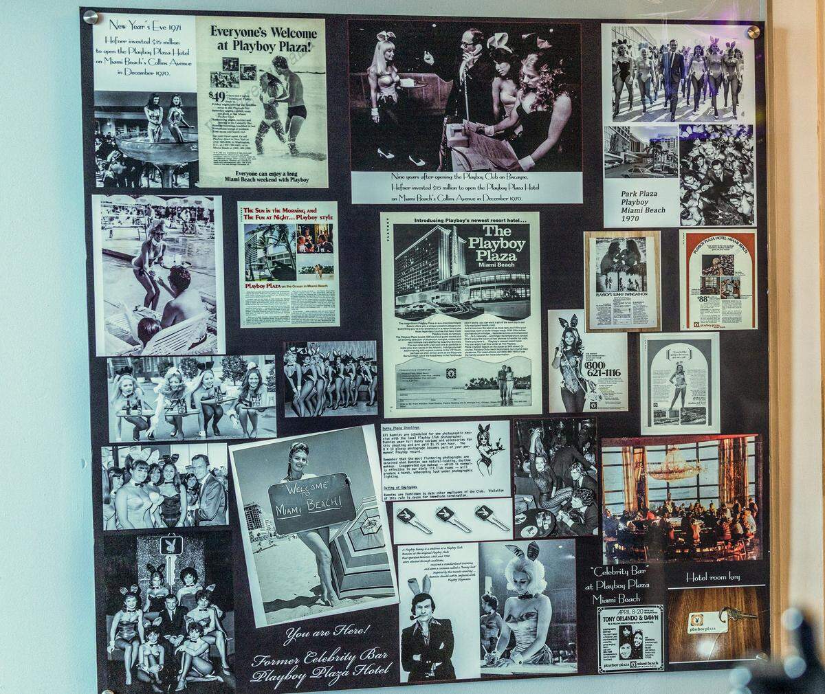 View of a collage with images from different times of The Playboy Plaza where The Playboy Plaza Hotel Theater, is located inside The Castle Hotel, at 5445 Collins Avenue., in Miami Beach. The venue is closed and is up for sale, by the actual owners, on Friday, November 14, 2025.