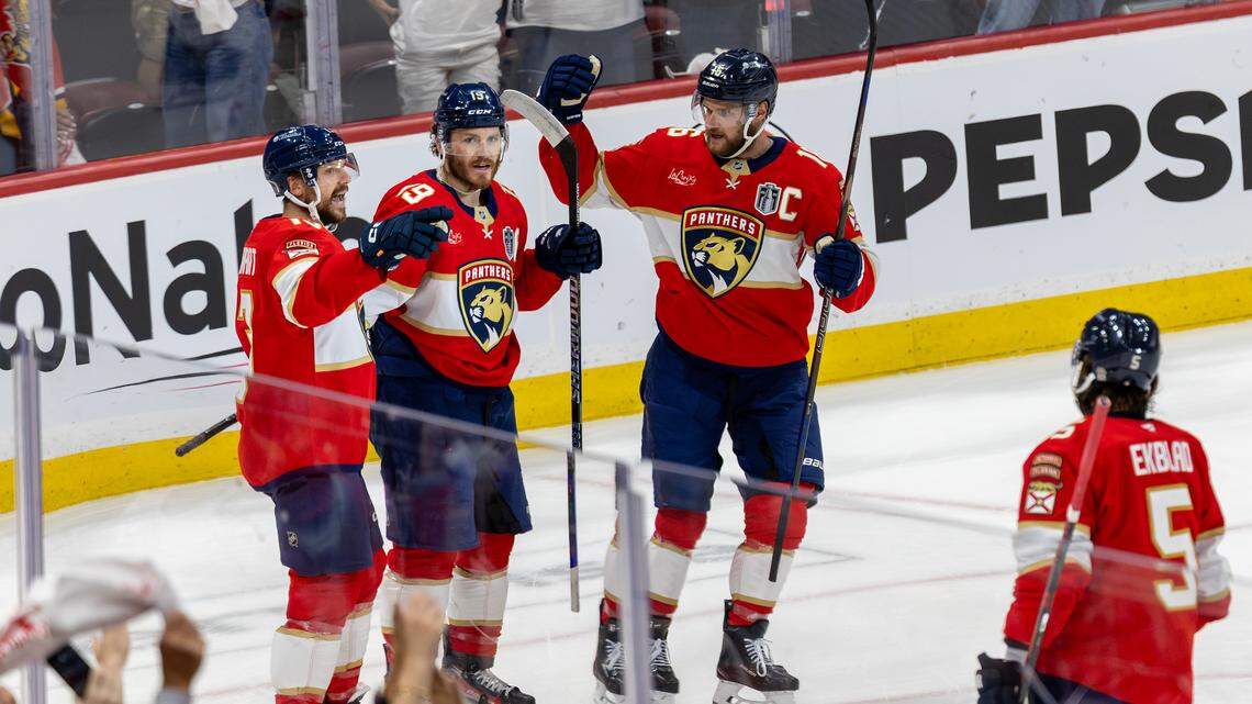 Florida Panthers left wing Matthew Tkachuk (19) celebrates with teammates Aleksander Barkov (16), Sam Reinhart (13), and Aaron Ekblad (5) after scoring a goal against the Edmonton Oilers during the first period of Game 4 in the NHL Stanley Cup Final at Amerant Bank Arena on Thursday, June 12, 2025, in Sunrise, Fla.