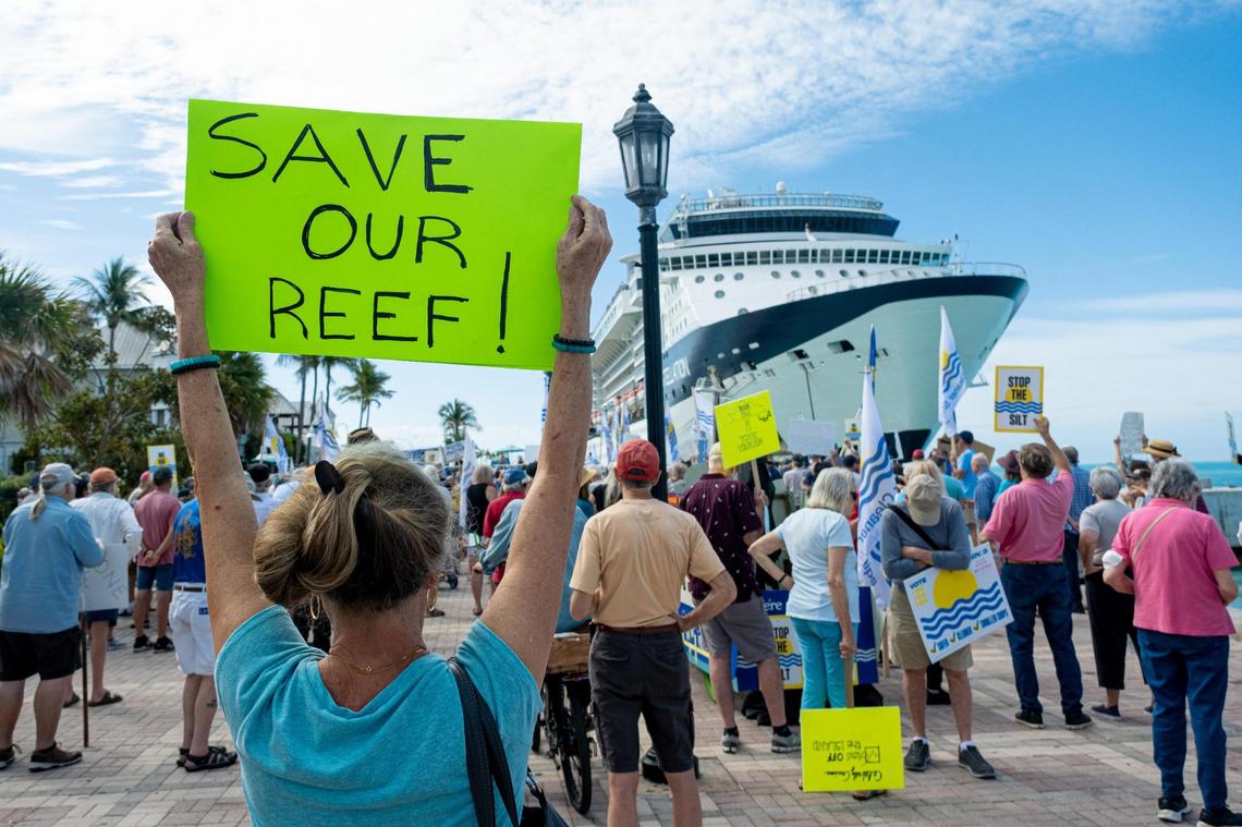 People protest with the Key West Committee for Safer Cleaner Ships on Feb. 5, 2022.