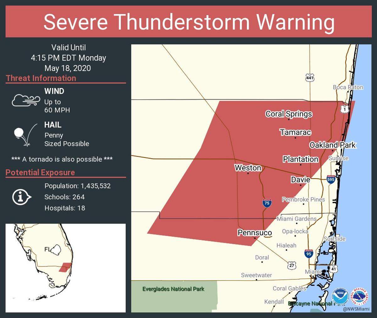 The National Weather Service’s severe thunderstorm warning for western Broward County