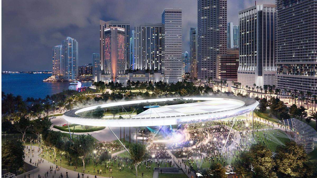 A rendering of the solar ring and retractable cover that Florida Power & Light will place over the Bayfront Park Amphitheater. The image was presented to the Bayfront Park Management Trust in June.