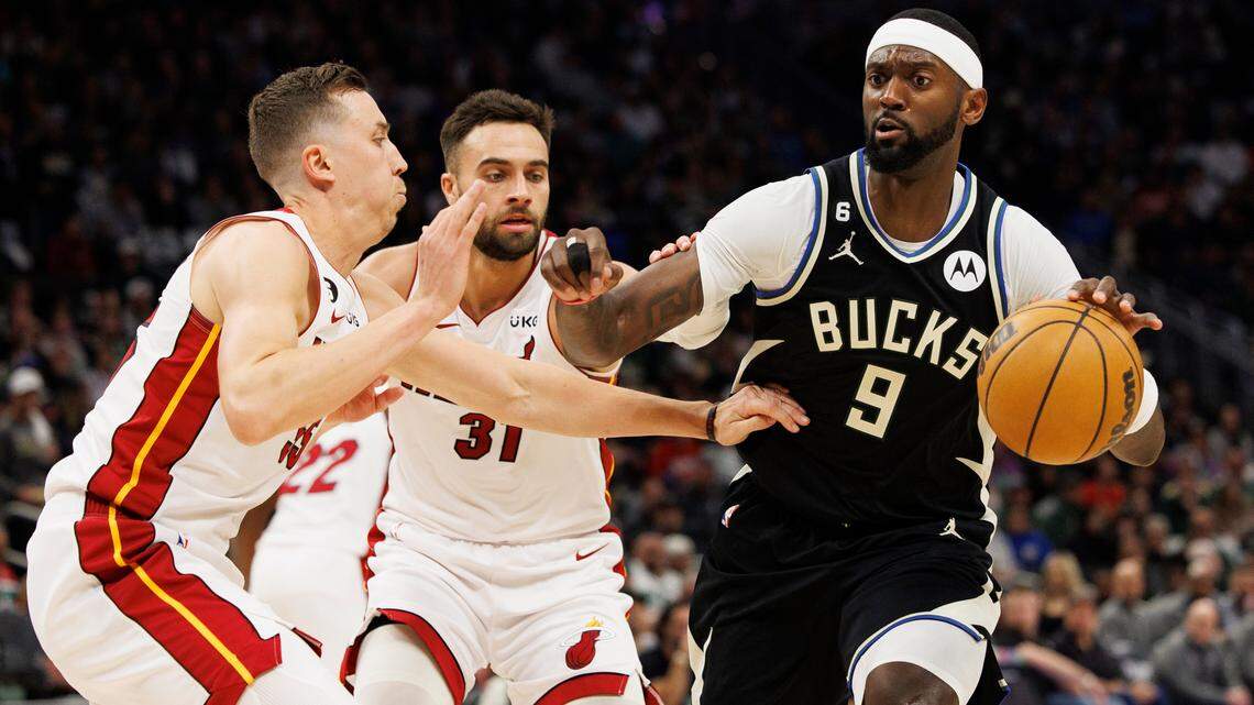 Milwaukee Bucks forward Bobby Portis (9) drives for the basket against Miami Heat guard Duncan Robinson (55) during the third quarter during game two of the 2023 NBA Playoffs at Fiserv Forum.